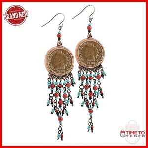Copper Indian Head Penny Drop Earrings, 3.25 Inches Long
